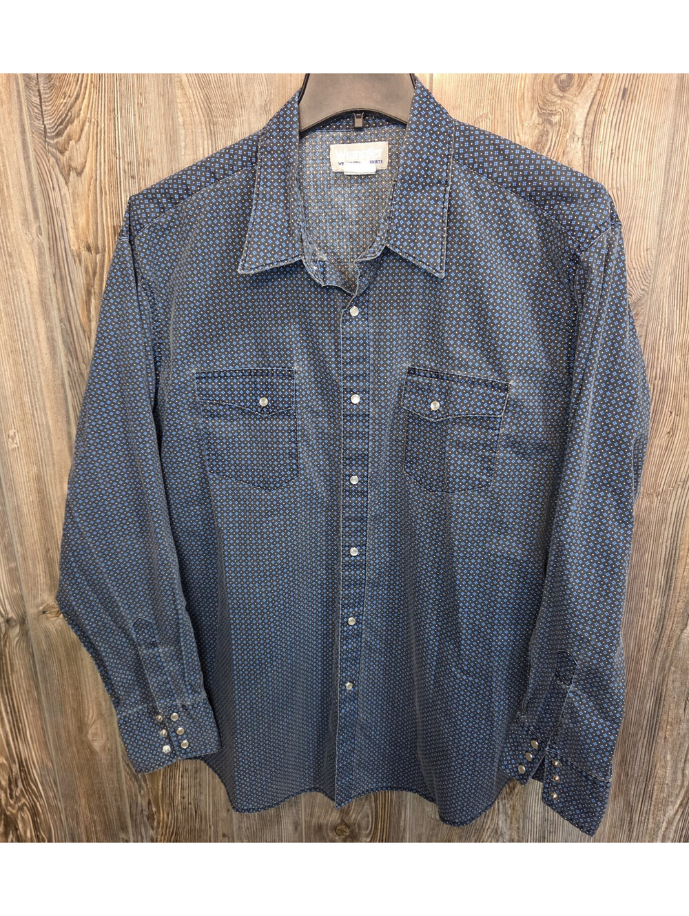 VTG Wrangler Wrancher Blue Geometric Pearl Snap Western Shirt Men Size Large L/S